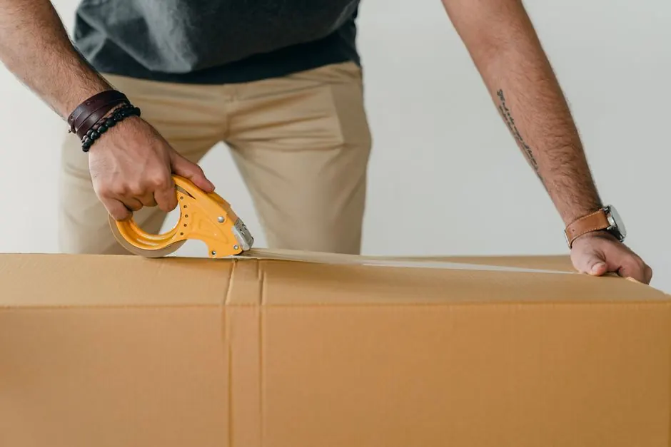 Crop anonymous young male packer in casual clothes using tape gun dispenser for sealing cardboard boxes